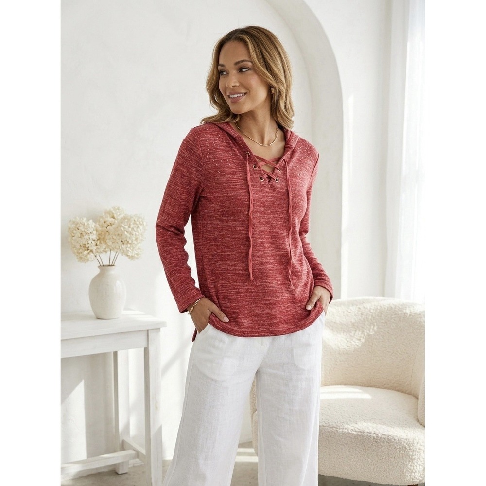 Chances R Womens XL Red‎ Lace Up Hoodie Sweater Boho Comfy Casual Cozy Top